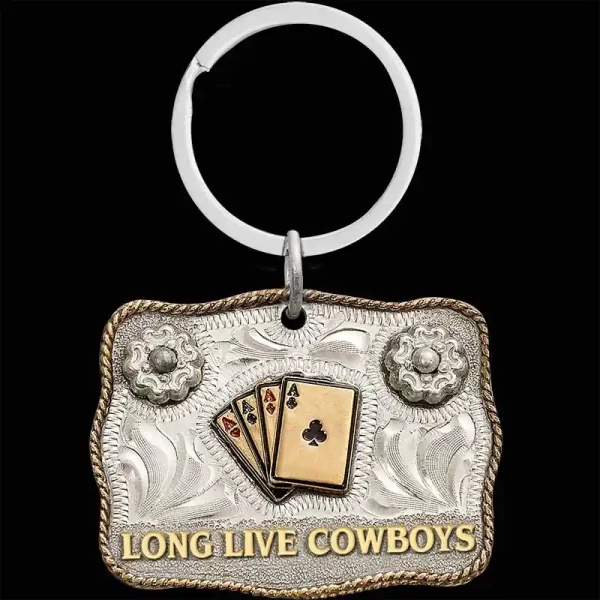 "The Cowboys Keychain features a mini buckle design with a traditional rope edge in Jeweler's Bronze, accented by a flower in each top corner set with a silver bead and the phrase 'Long Live Cowboys'.

Size: 2"" x 1.5""

Ready